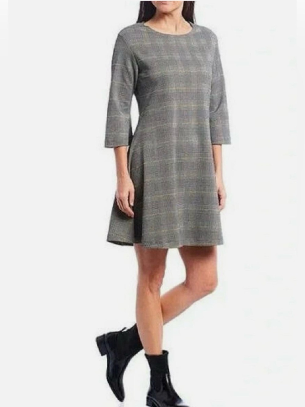 BRYNN WALKER Irys Carnaby Plaid 3/4 Sleeves Shift Dress Glen Gray Yellow Sz L